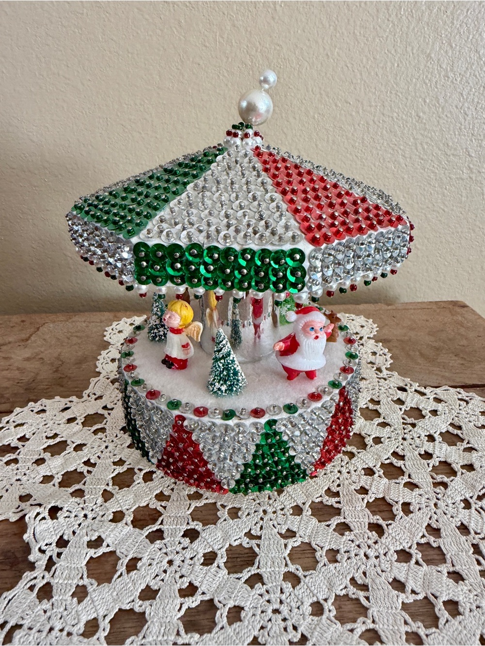 Vintage Holiday Carousel Music Box - Red, Green & White